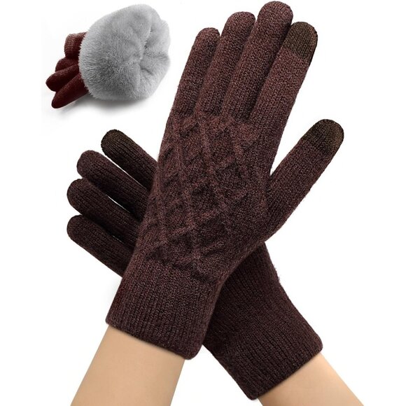 Accessories - Women's Brown Wool Lining Cuffs Windproof Winter Warm Knit Cold Weather Gloves